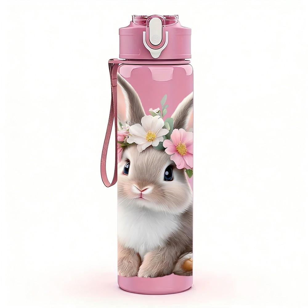 1PC Bunny With Flower Headband Cute Print 750ml Color Plastic Sports Water Bottle Leakproof Flip Straw Lid Suitable for Sports Office Home Use