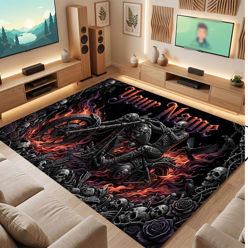 Motorcycle Biker Theme Soft Crystal Velvet Rug Custom Name & Text Print Non Slip Floor Rug for Bedroom Living Room