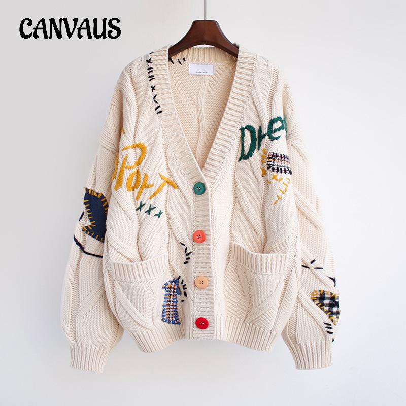 Autumn and Winter Women's Sweater Fashion Lazy Wind Embroidered Sweater Letter Design Loose Knitted Cardigan Jacket
