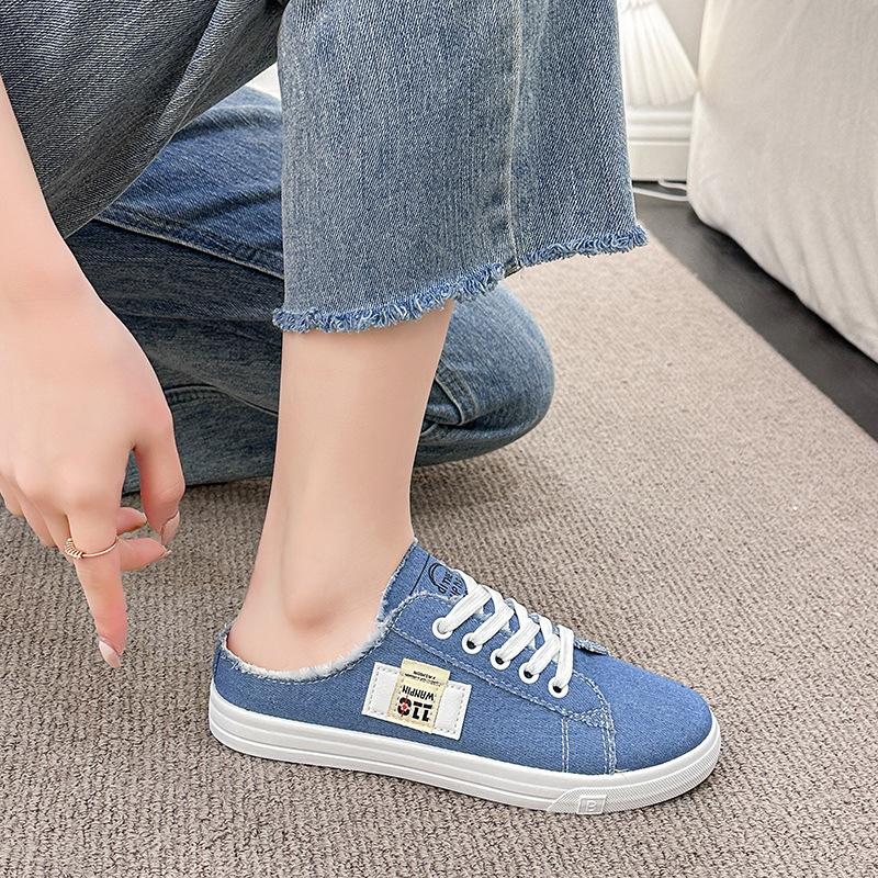 Spring and Autumn New Canvas Shoes Female Students Half Drag Lazy Versatile Breathable Casual