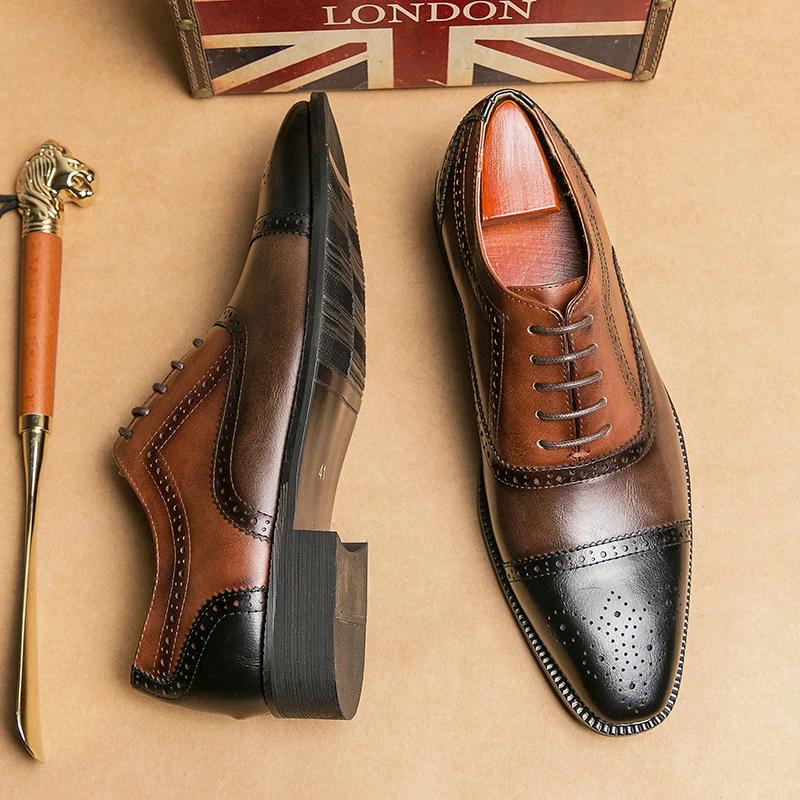 New Men Dress Shoes Brogue Shoes Square Toe Mixed Colors Lace-up Business Shoes for Men with