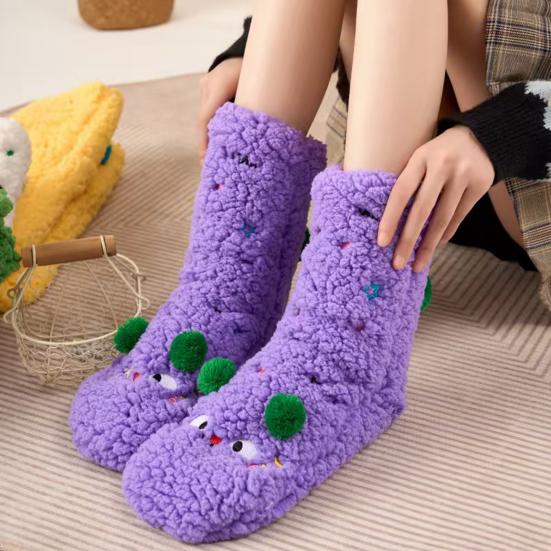 1 Pair Women Socks Cartoon Pattern Thickened Warm Knitting Socks Non-Slip Plush Pilling Resistant Floor Socks