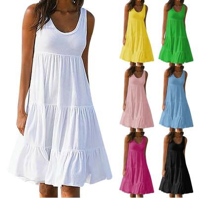 Женские платья-жилеты Лето-весна Плиссированные богемные платья Симпатичные струящиеся пляжные платья без рукавов Прямая футболка Платья-майки Платья с круглым вырезом