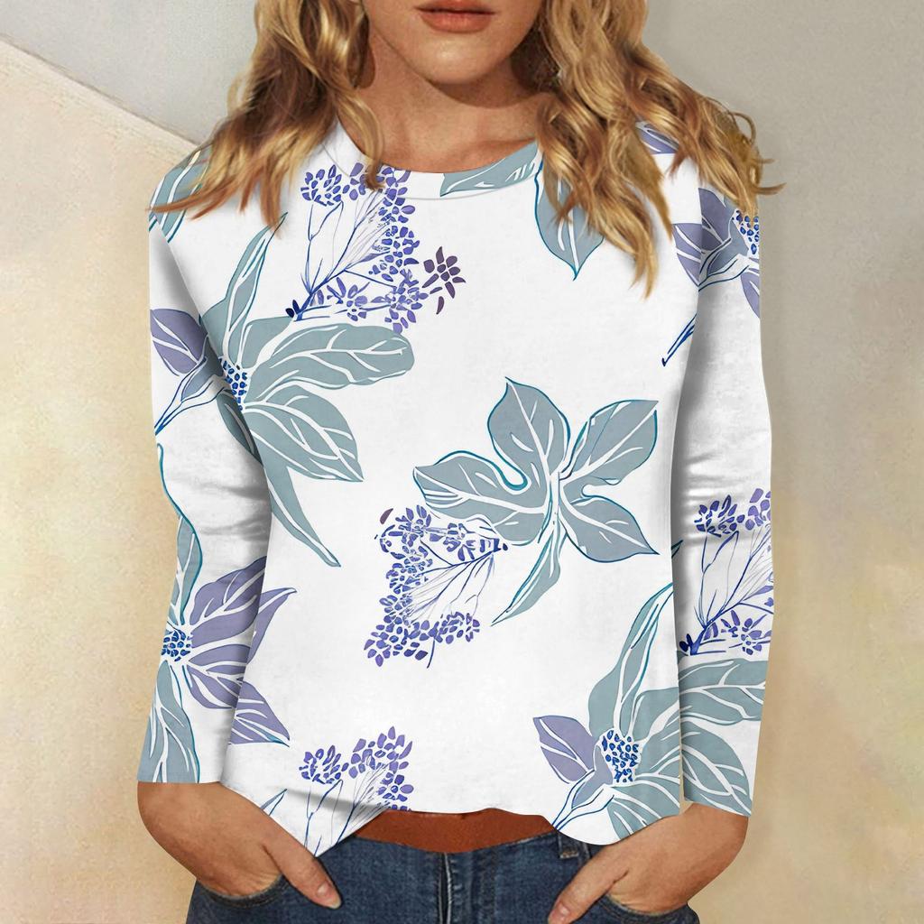 Женская мода повседневный топ с длинным рукавом с цветочным принтом и круглым вырезом