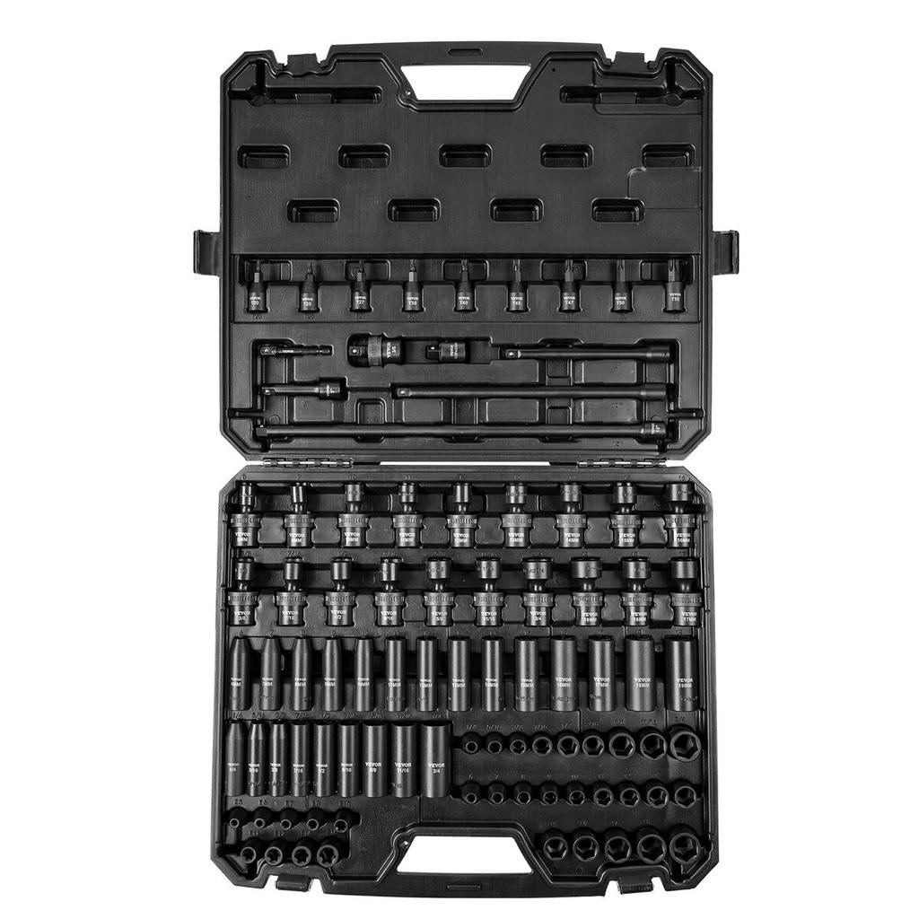 3/8" Drive Impact Socket Set, 90 Piece Socket Set SAE 1/4"-3/4" and Metric 6-19mm, 6 Point Cr-Mo Alloy Steel for Auto Repair, Includes Extension Bars
