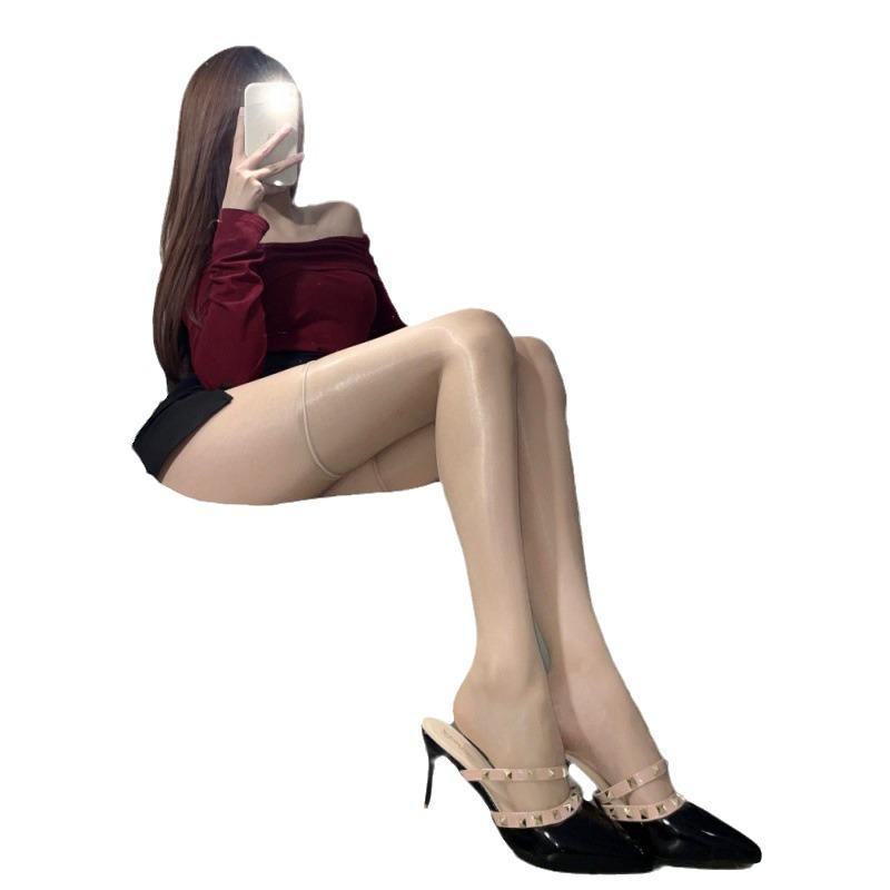 Red Shiny Ultra-Thin Over-the-Knee Stockings - Silky, Sexy Leather Style