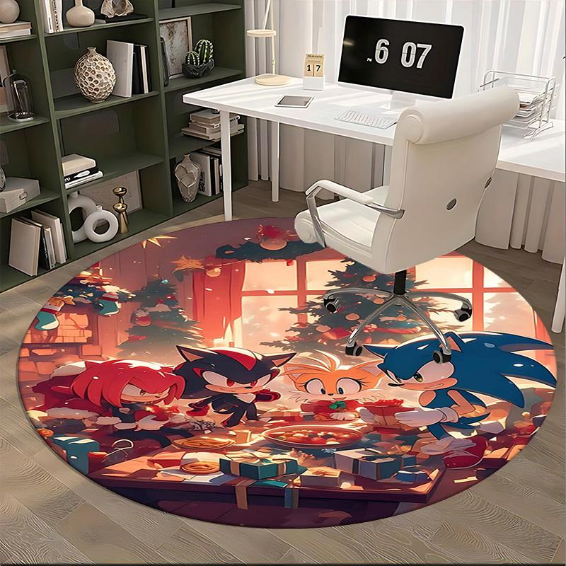 1pc Sonic the Hedgehog Christmas Round Carpet - Anime Cartoon Design, Holiday Gift, Non-Slip Rug for Office Chair Mat, Home Decor, Living Room, Bedroo