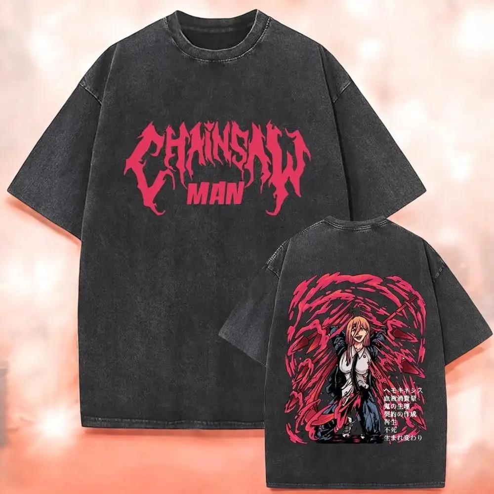 Мужская футболка с двойной печатью Pochita из Chainsaw Man, винтажная стирка, оверсайз, унисекс, уличная одежда для фанатов аниме, повседневная футболка с коротким рукавом, 100% хлопок
