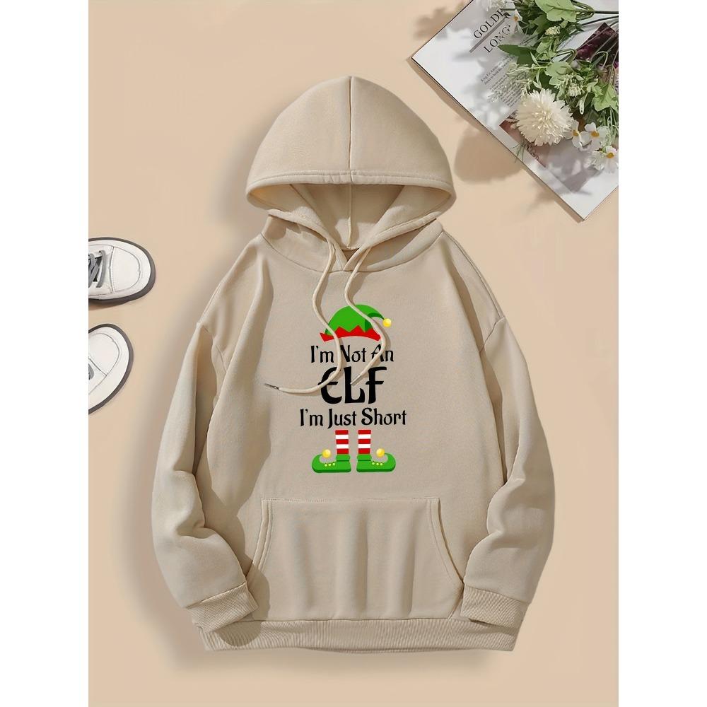 Christmas Festive Elf Print Hoodie - Soft Stretch Polyester Long Sleeve with Pocket Knit Cap Holiday Fashion Top for Fall/Winter