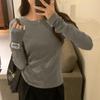 Round Neck Pullover Gray Label Right Shoulder Elastic Long-sleeved T-shirt for Women Autumn and Winter New Style Inner Casual Bottoming Shirt