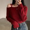 Elegant Off Shoulder Pullover Women Sweater 2025 Fashion Autumn Slant Shoulder Long Sleeve Knit Top Lace-up Solid Casual Korean Style Clothes