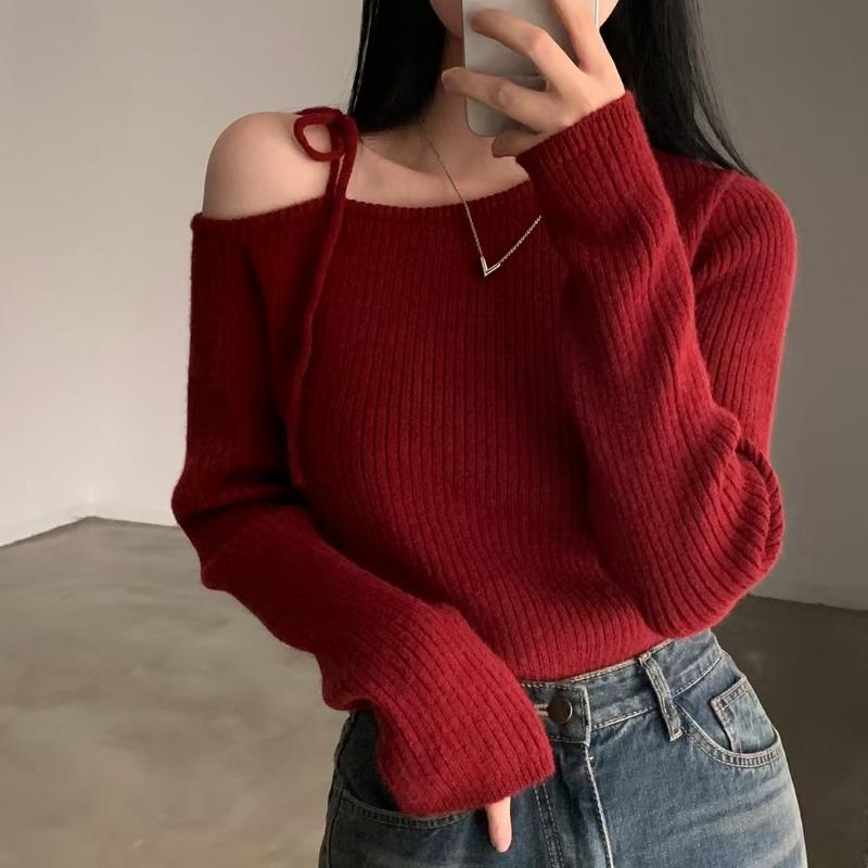 Elegant Off Shoulder Pullover Women Sweater 2025 Fashion Autumn Slant Shoulder Long Sleeve Knit Top Lace-up Solid Casual Korean Style Clothes