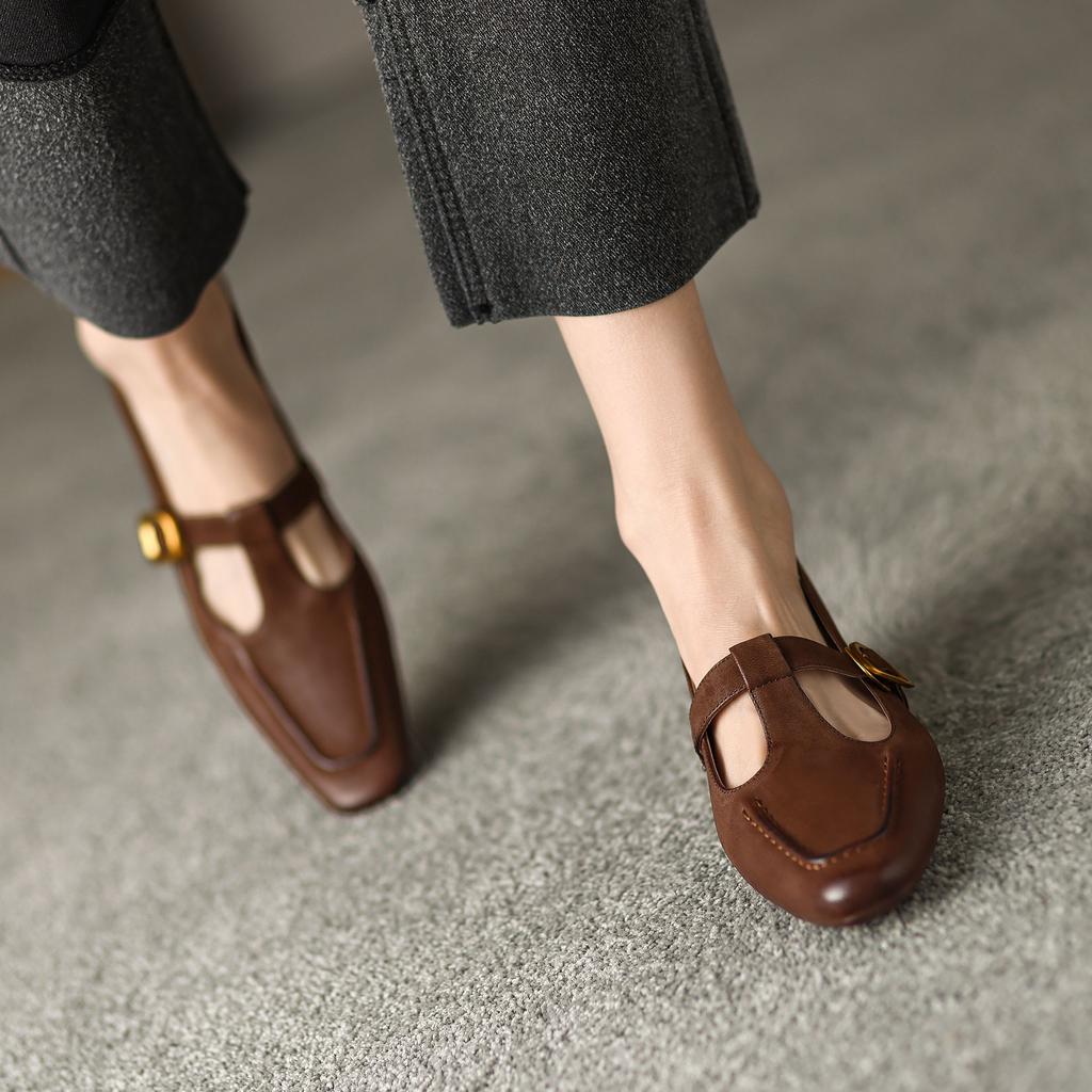 Krazing Pot Sheep Suede Square Toe Chunky Med Heels Summer Shoes Buckle Straps Women Pumps