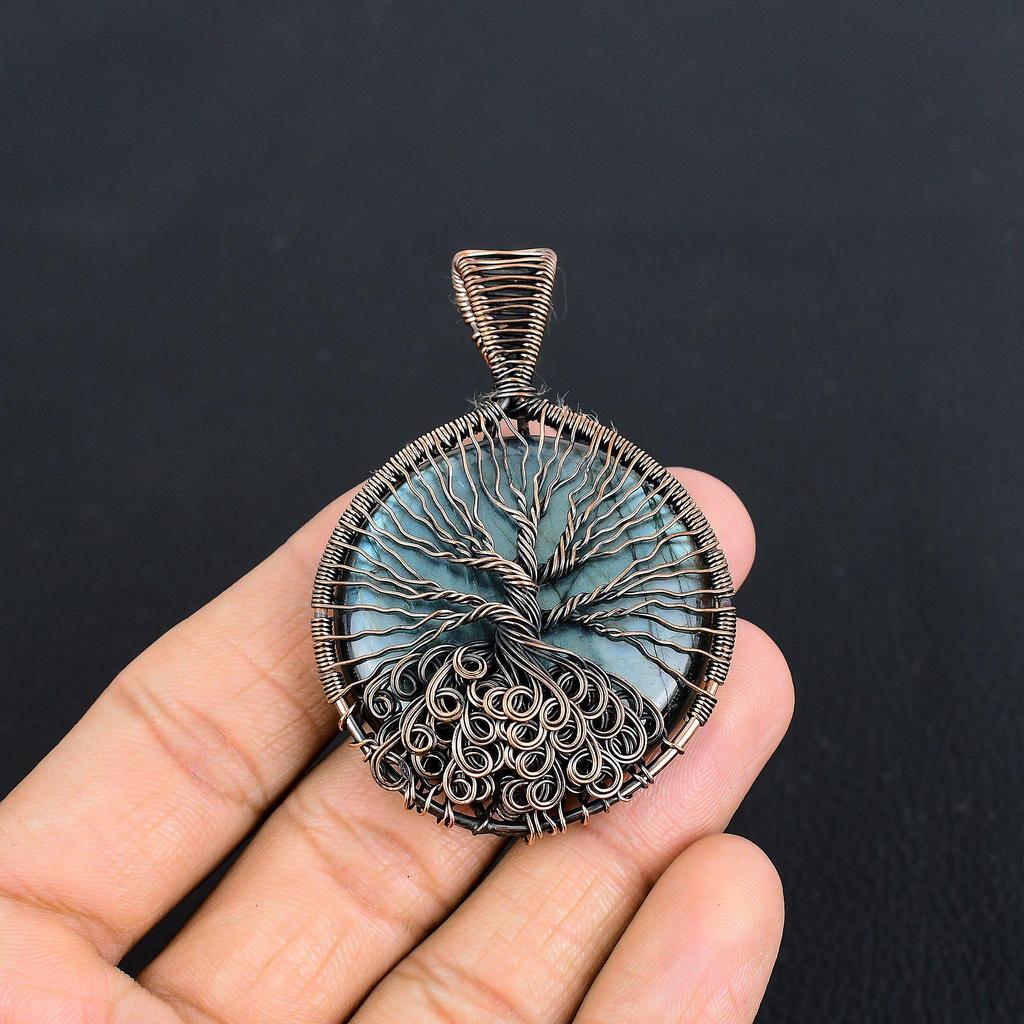 Tree Of Life Labradorite Pendant, Handmade Gemstone 999 Copper Wire Wrapped Pendant Antique Jewelry, For Gift Silver Jewelry