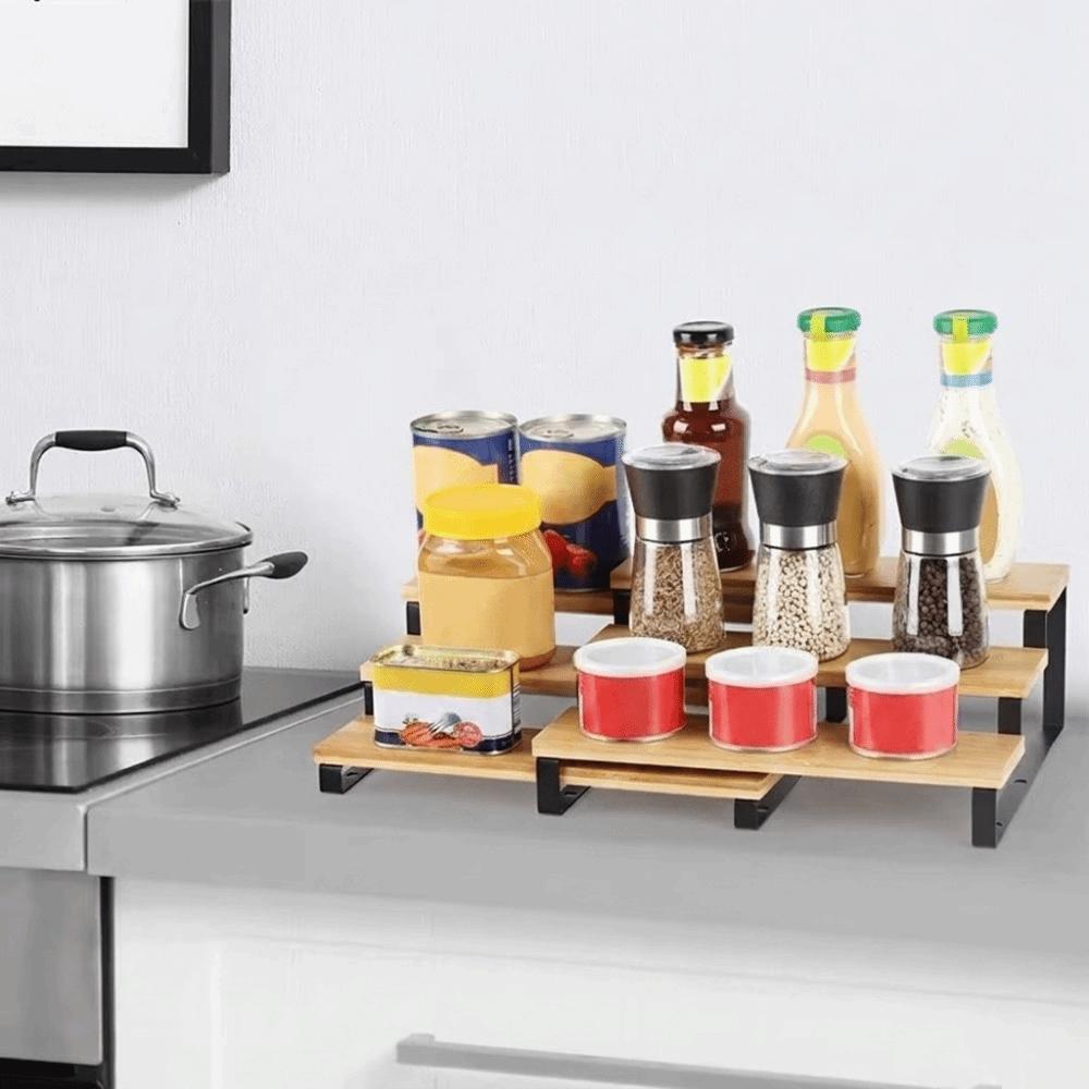 Large Capacity Expandable Step Storage Rack Bamboo Model Display Stand For Kitchen