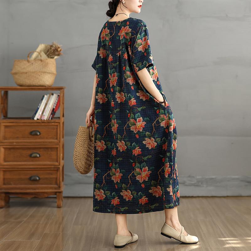 DIMANAF 2025 Летнее Винтажное Платье Большого Размера Женское Повседневное Платье Свободное Базовое С Цветочным Принтом Длинное Платье