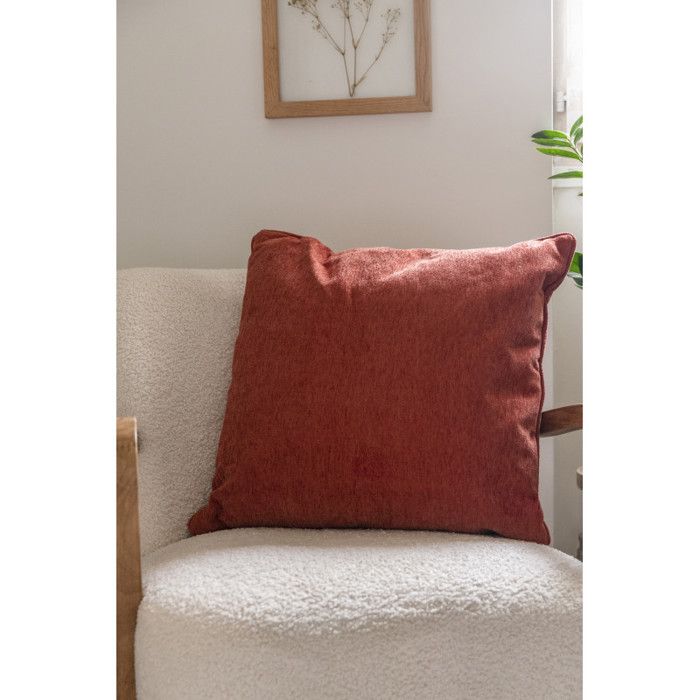 Coussin déhoussable avec passepoil 50 x 50 cm Polyester chenille "Osiris" Le fil d'Ariane - Terracotta