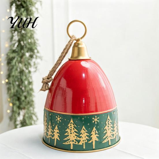 Christmas Souvenirs Bell Ornament, Retro Relief Golden Tree Print, Durable Iron Seasonal Wall Decorations Hanging Pendant for Holiday Porch And Party