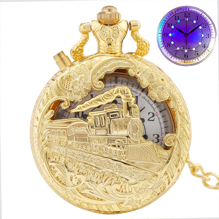 Светящиеся светодиодные кварцевые карманные часы Hollow Train Locomotiv Engine Steampunk Quartz FOB Light Watches для мужчин и женщин