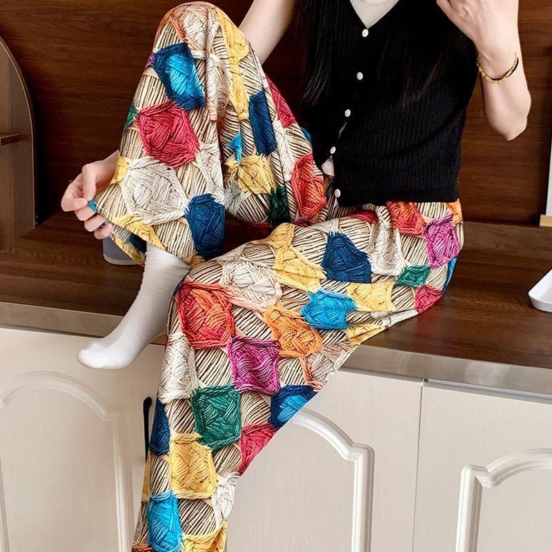 Летние женские хлопково-вискозные мягкие домашние брюки свободного кроя длиной до щиколотки с широкими штанинами и цветочным принтом