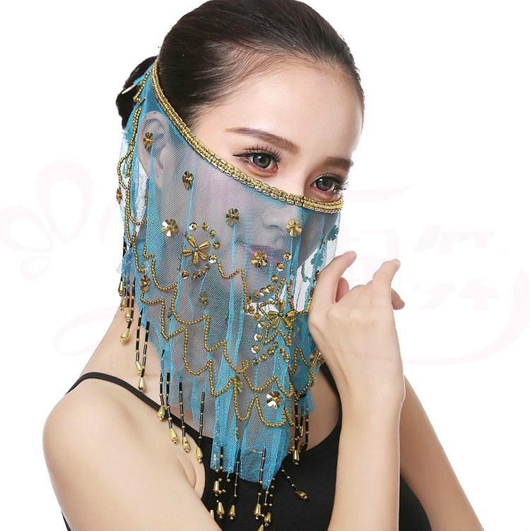 Beautiful Lady Belly Dance Dancing Face Mask Voile Wrap Scarf Sequin Perform Accessory