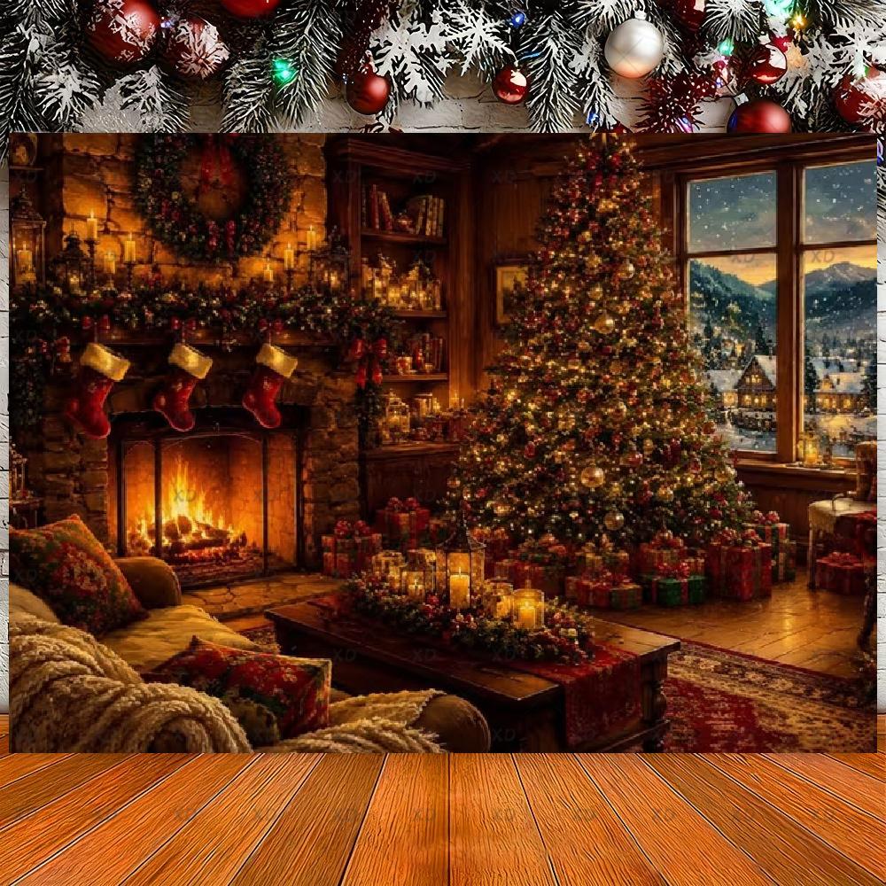 Cozy Christmas cabin fireplace backdrop, Christmas tree, cute snowman, reindeer, family holiday background, banner19