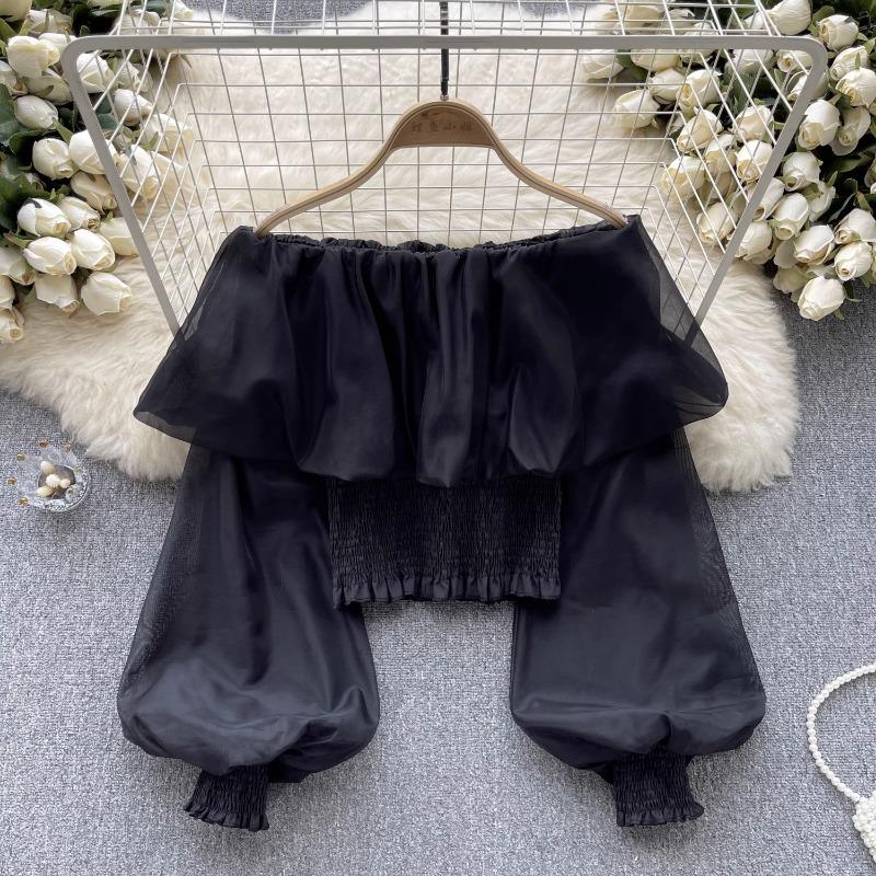 Летние сексуальные рубашки с открытыми плечами и оборками, женские Y2k, милые сетчатые блузки с длинными рукавами, корейские Kpop, облегающие Blusas Mujer