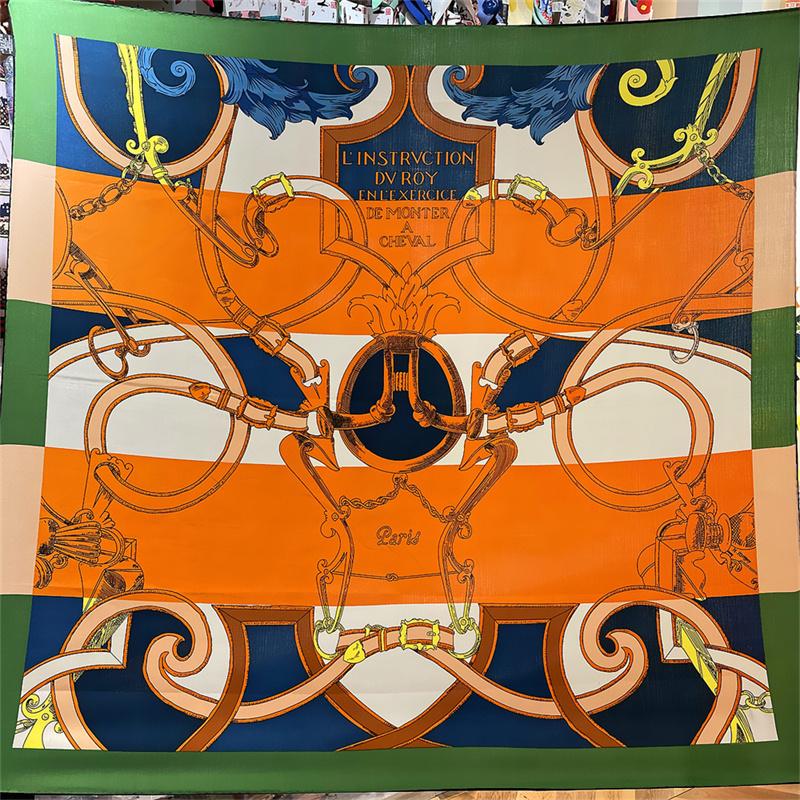 POBING Silk Cashmere Scarf Women Hand Rolled Saddle Belt Print Square Scarves Wraps Bandana Big Hijabs Female Foulard 135CM