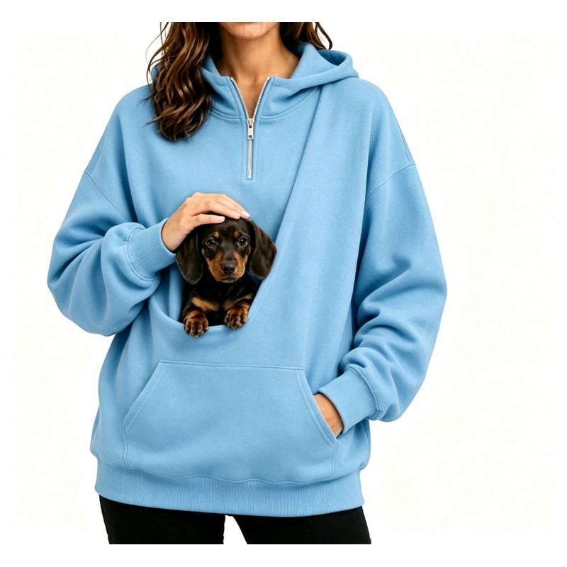 Womens Half-Zip Hooded Sweatshirt With Pet Pocket Loose Fit Fall Winter Top Small Dogs
