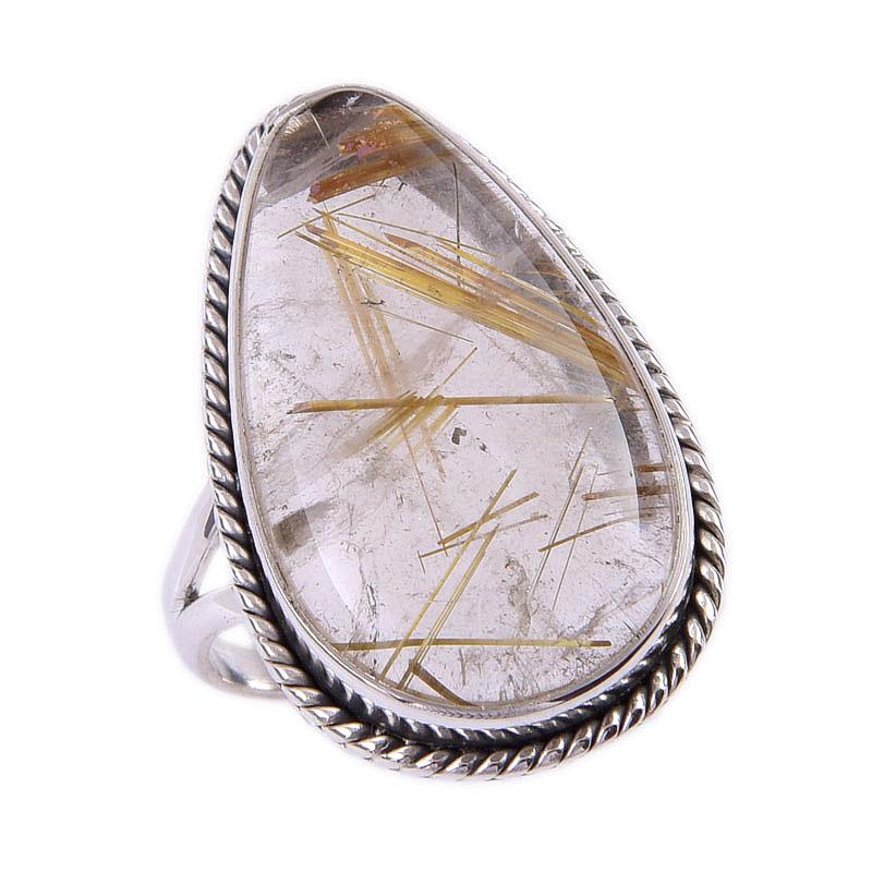 Кольцо из чистого серебра 925 пробы с натуральным золотым рутилом ручной работы S.7 i1W62