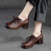 Retro Women Shoes Med Heels Solid Color Pumps Genuine Leather Round Toe Handmade Lace-up Shoes