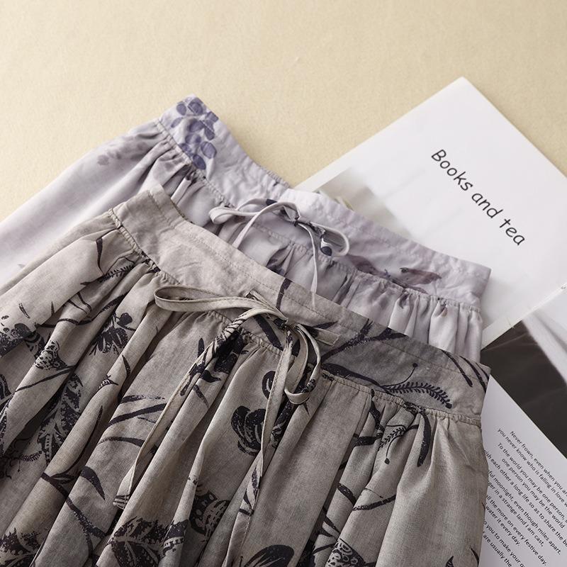 Реальное фото лето новый литературный и ретро свободный принт эластичная талия юбка женская средней длины