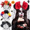 Day Of The Dead Headpiece Comfortable Skull Rose Headband Cosplay Crown Exaggerated Black Veil Floral Hair Band For Cosplay