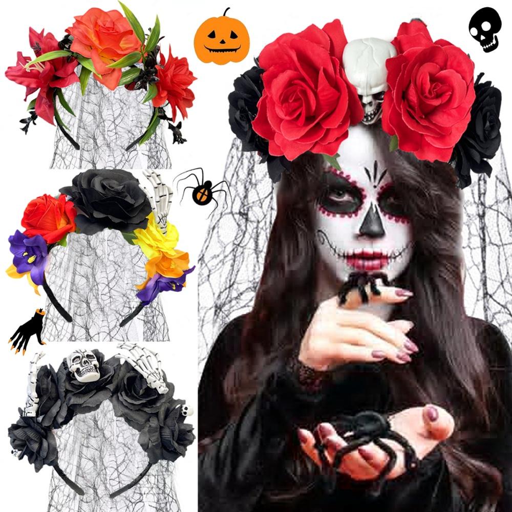 Day Of The Dead Headpiece Comfortable Skull Rose Headband Cosplay Crown Exaggerated Black Veil Floral Hair Band For Cosplay