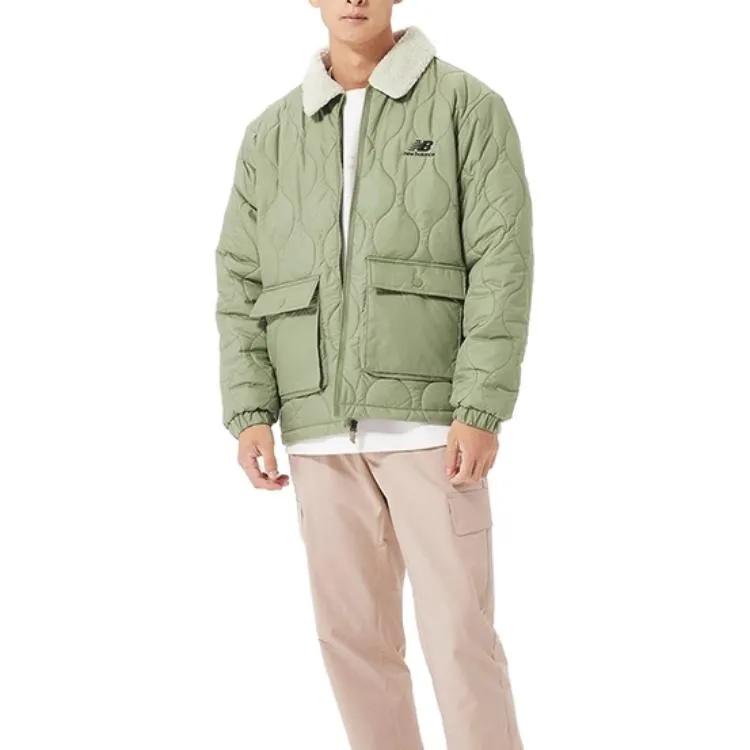 New Balance Puffer Jackets Men's Pea Green Lapel Thickened Patchwork Puffer Jacket (Unisex) Puffer Jackets AMJ23352 OLF