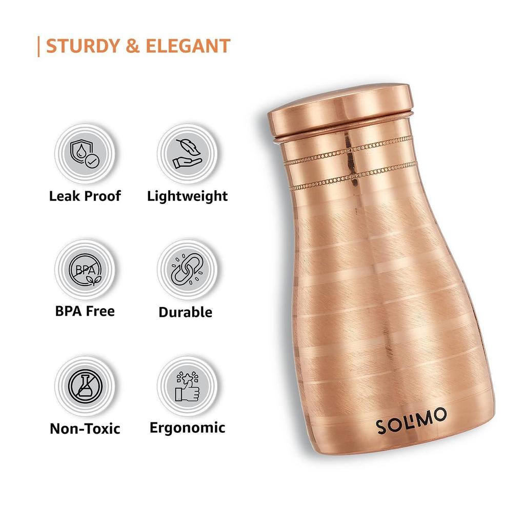 Copper Water Pot | Bedside Carafe with Glass Lining | 950 Ml (Set of 2)