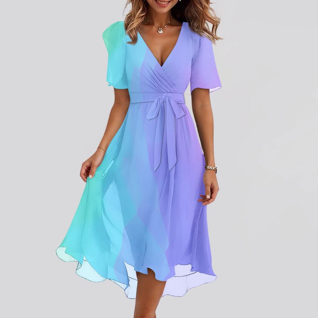 Женский летний повседневный сарафан миди с текстурным принтом, запахом, V-образным вырезом, оборками, капюшоном, короткими рукавами, поясом, А-силуэта, с оборкой по подолу