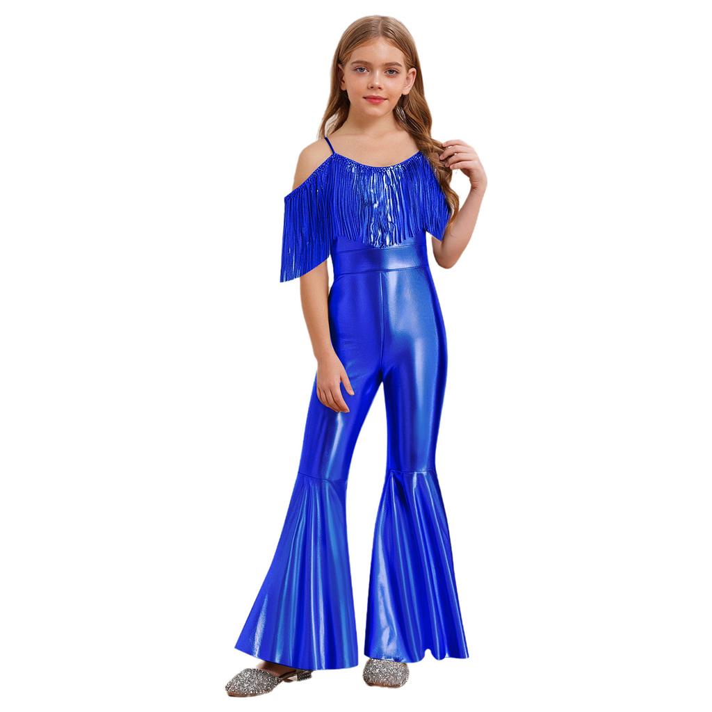 Girls Fashion Spaghetti Strap Sleeveless Sparkly Sequins Tassels Shiny High Waist Flared Jumpsuit Pageant Outfit