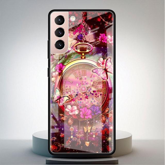 Чехол из закаленного стекла для Samsung Galaxy S22 S21 Ultra S20 Fe S10 S9 S8 S22 S21 Plus Note 20 10 Phone Funda Rose Butterfly Flower