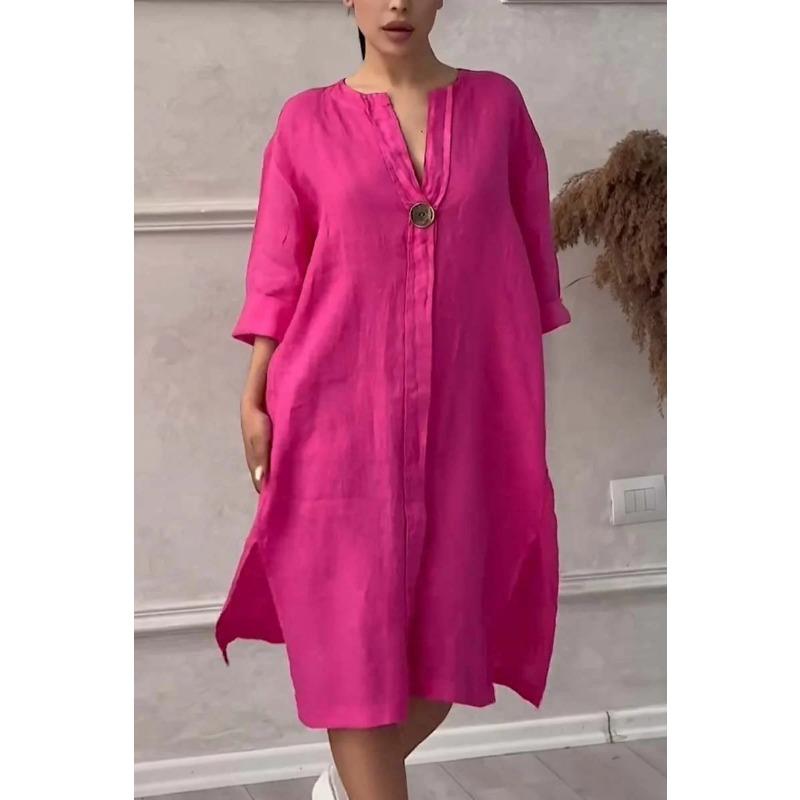 Summer Women's Dress Plus Size Solid Colour Casual Round Neck Button Long Dresses