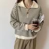 Новая женская толстовка с воротником поло, ранняя осень, универсальный дизайн, ленивый стиль, полосатый лацкан, длинные рукава, топы