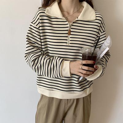 Новая женская толстовка с воротником поло, ранняя осень, универсальный дизайн, ленивый стиль, полосатый лацкан, длинные рукава, топы