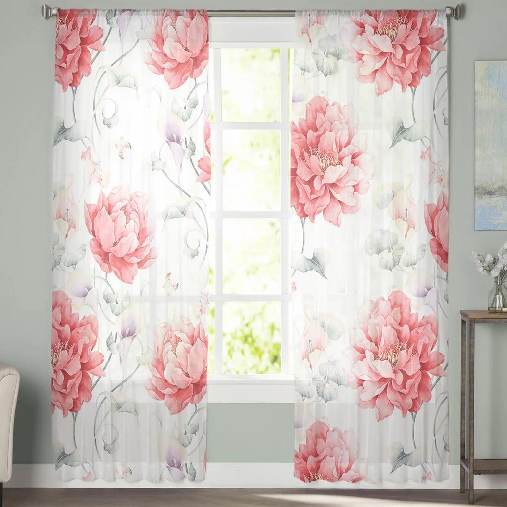 Pink Watercolor Flowers Retro Window Tulle Curtains for Living Room Bedroom Hotel Luxury Decoration Sheer Curtains