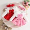 Baby Girl 3D Heart Long-Sleeve Dress with Headband, Wool Skirt Hem, Snap Crotch, Autumn/Winter, 0-1 Year