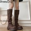 Winter Woman Knigth Knee-High Boots Street Style Thick Sole Belt Buckle Slip On Shoes Vintage Long Booties De Muje