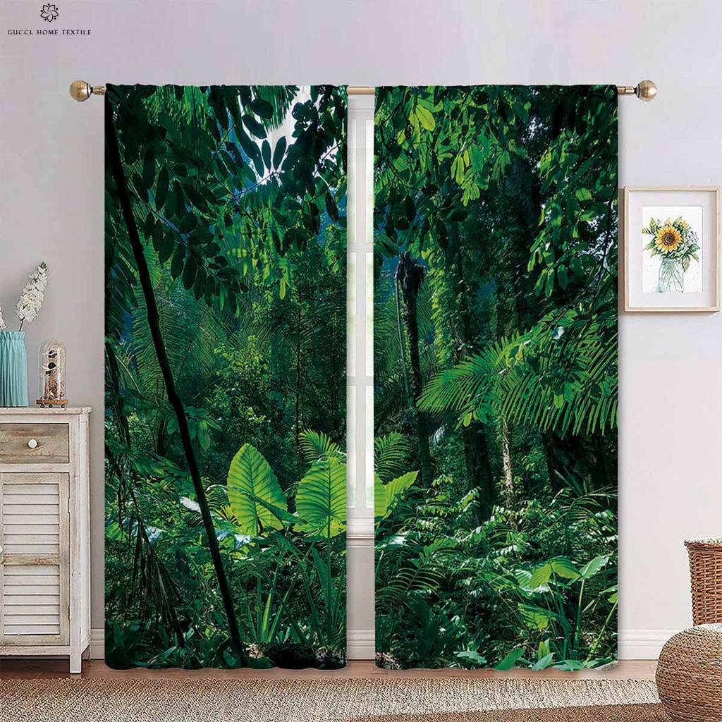 Green Forest Autumn Woods 3d Printing Curtains Tyndall Effect Bedroom Living Room Kitchen Decorative Curtains 2 Pieces