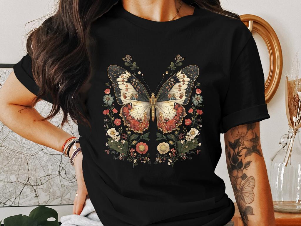 Butterfly T-Shirts, Floral Art Tee, Cottagecore T Shirt, Vintage Insect T-Shirts, Nature T-Shirts, Garden Lover T-Shirts, Unique Gifts