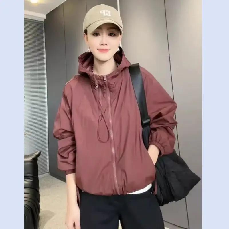 Женская куртка тонкая на большой молнии с капюшоном повседневная свободная куртка