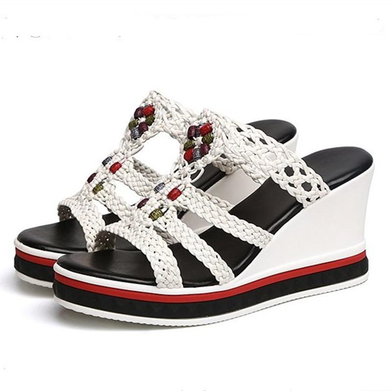 Мода Женские тапочки Сандалии на танкетке С открытым носком Туфли на платформе Повседневные Блестящие Смешанные Шлепанцы Уличные Пляжные Женская обувь Женская обувь Zapatos Mujer