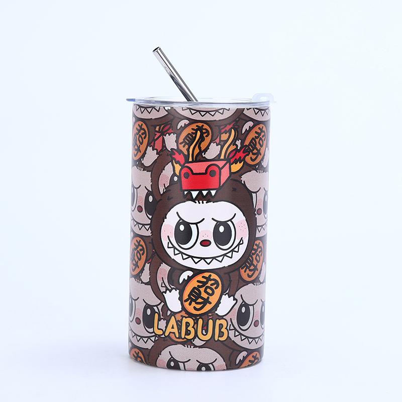 Мультяшный узор Лабубу из нержавеющей стали, изолированная чашка, простая кофейная чашка с соломой